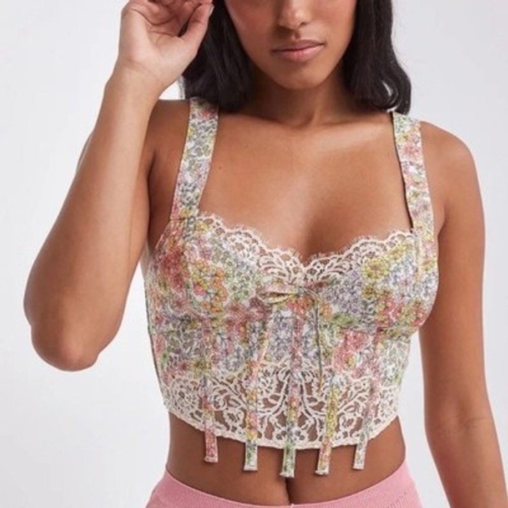For Love and Lemons Esme Cotton Floral Halter Crop Top Size S